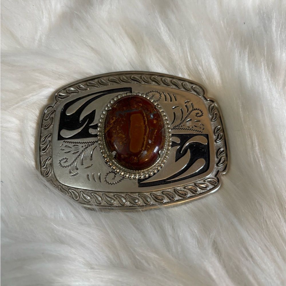 Silver and Black Western Belt Buckle with Brown Stone
